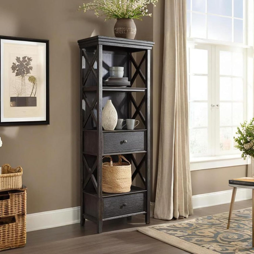Signature Design by Ashley Tyler Creek Casual Farmhouse 75' Display Cabinet or Bookcase with Drawers and Shelf, Open Lattice Sides, Wood, Gray Black Finish