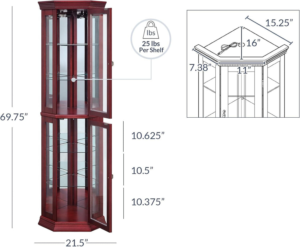 BELLEZE Lighted Wooden Corner Display Curio Cabinet, Two Section Shelving Unit with Tempered Glass Door, Bar and Liquor Storage Area with 6 Shelves - Lorona (Cherry)