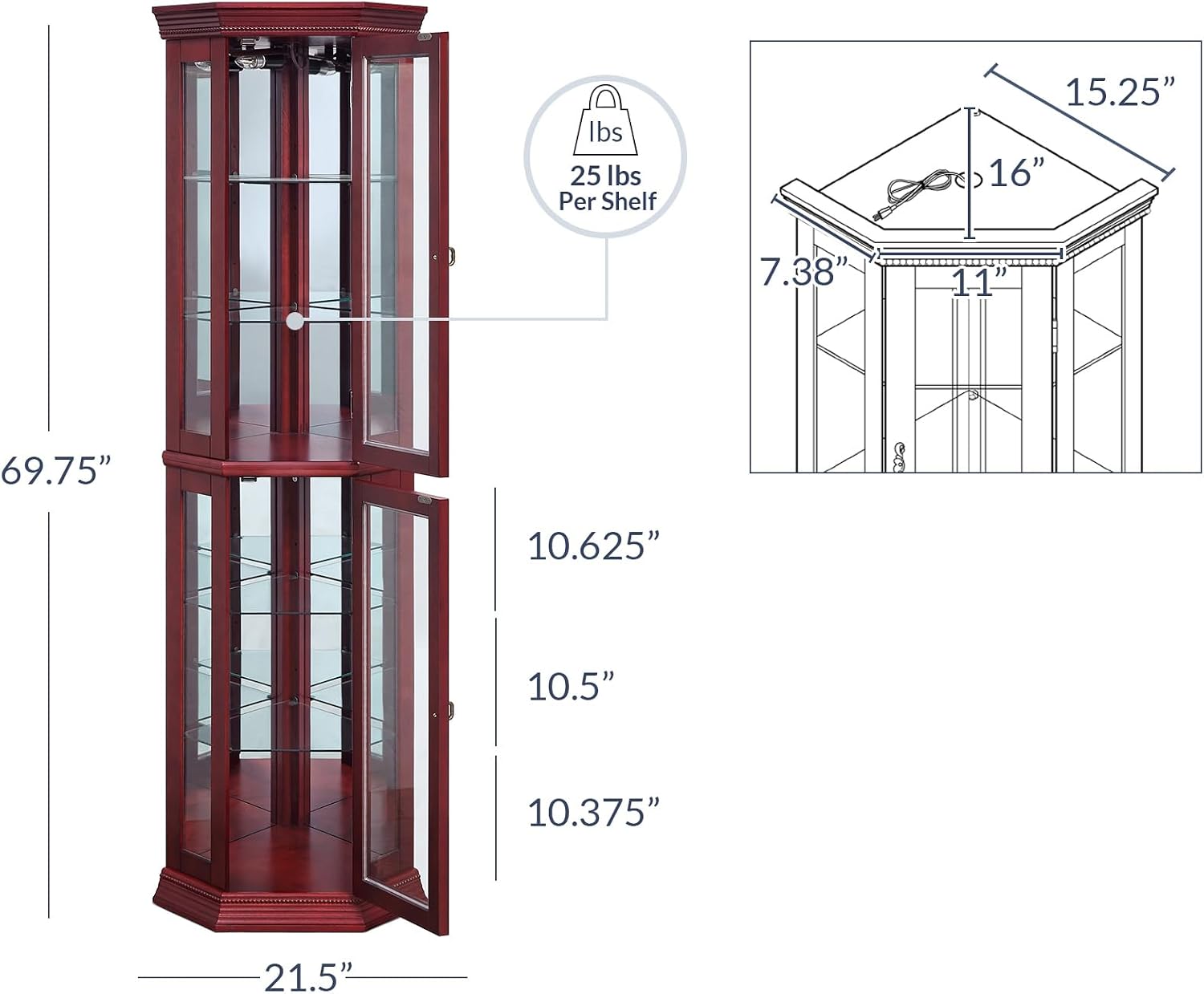 BELLEZE Lighted Wooden Corner Display Curio Cabinet, Two Section Shelving Unit with Tempered Glass Door, Bar and Liquor Storage Area with 6 Shelves - Lorona (Cherry)