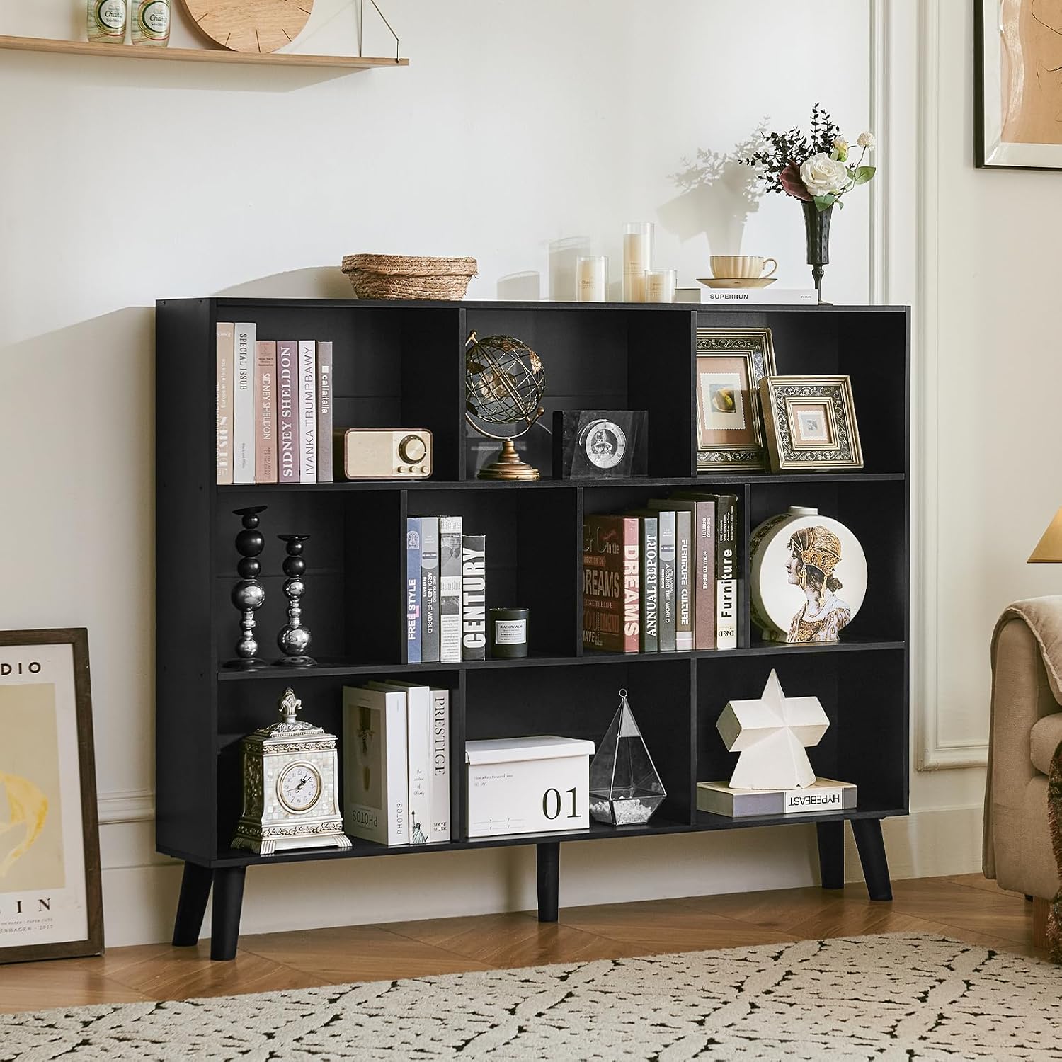 LEYAOYAO 10 Cube Bookshelf, 3 Tier Vintage 55' Wide Bookcase with Legs, Mid-Century Wood Bookshelves Storage, Black Large Book Case, Freestanding Organizer Display Shelf for Living Room, Office