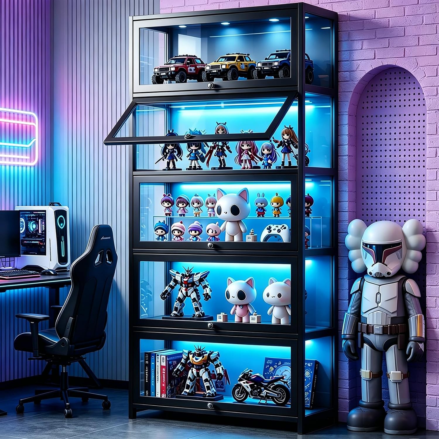 Display Cabinet with Acrylic Glass Door, 5 Tier Curio Display Case, Collectibles Toy Organizers Rack & Display Shelf, Kids Bookcase for Bedroom, Reading Nook, living Room, Bamboo (Black -flip Door)