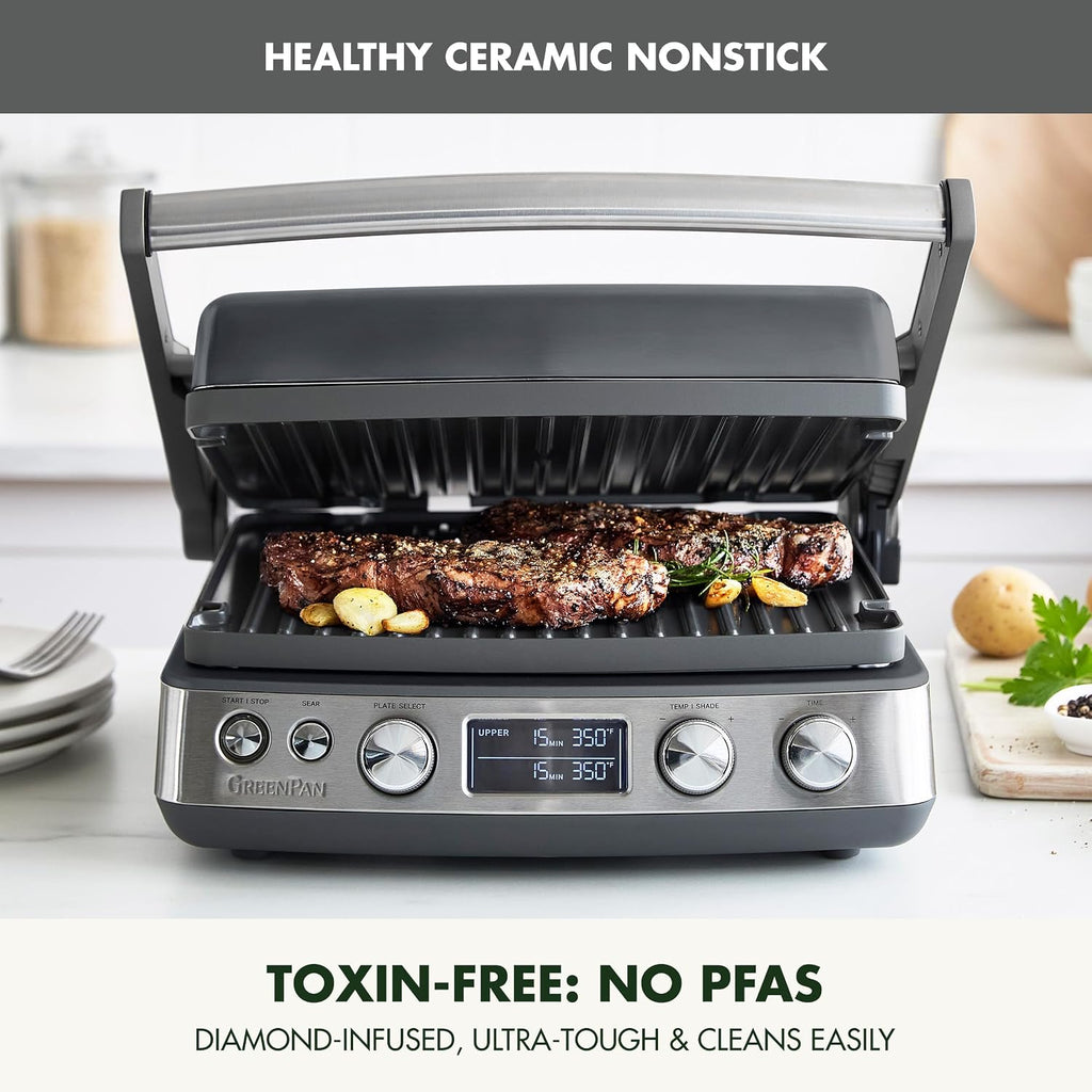 GreenPan Elite 7-in-1 Multi-Function Contact Grill & Griddle, Healthy Ceramic Nonstick Reversible Plates, Adjustable Shade & Shear, Closed Press/Open Flat Surface, PFAS-Free, Graphite