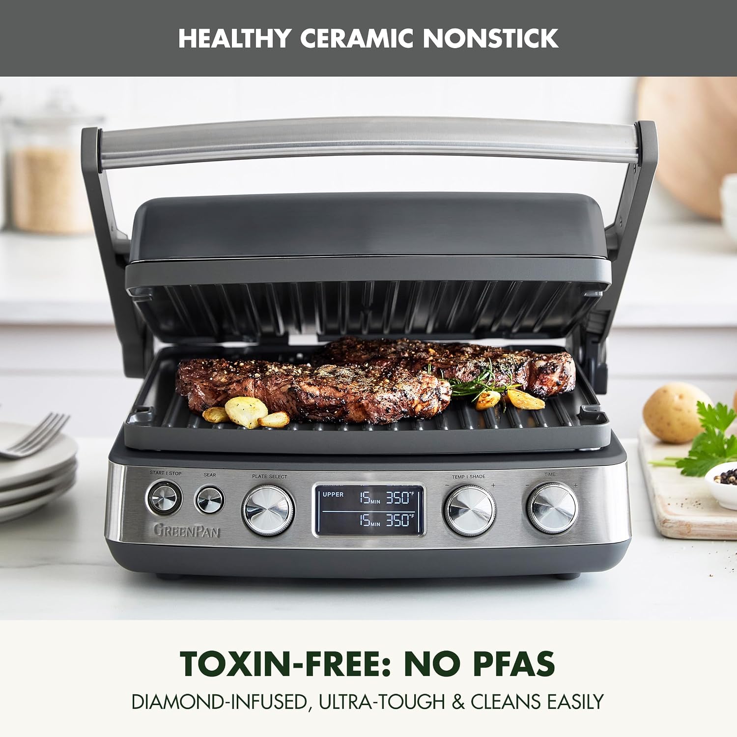GreenPan Elite 7-in-1 Multi-Function Contact Grill & Griddle, Healthy Ceramic Nonstick Reversible Plates, Adjustable Shade & Shear, Closed Press/Open Flat Surface, PFAS-Free, Graphite