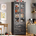 DWVO 76' Storage Cabinets, Freestanding Kitchen Pantry with Adjustable Shelves & Drawers, Farmhouse Glass Display Cabinets Tall Cupboard for Dining Room, Living Room, Dark Rustic