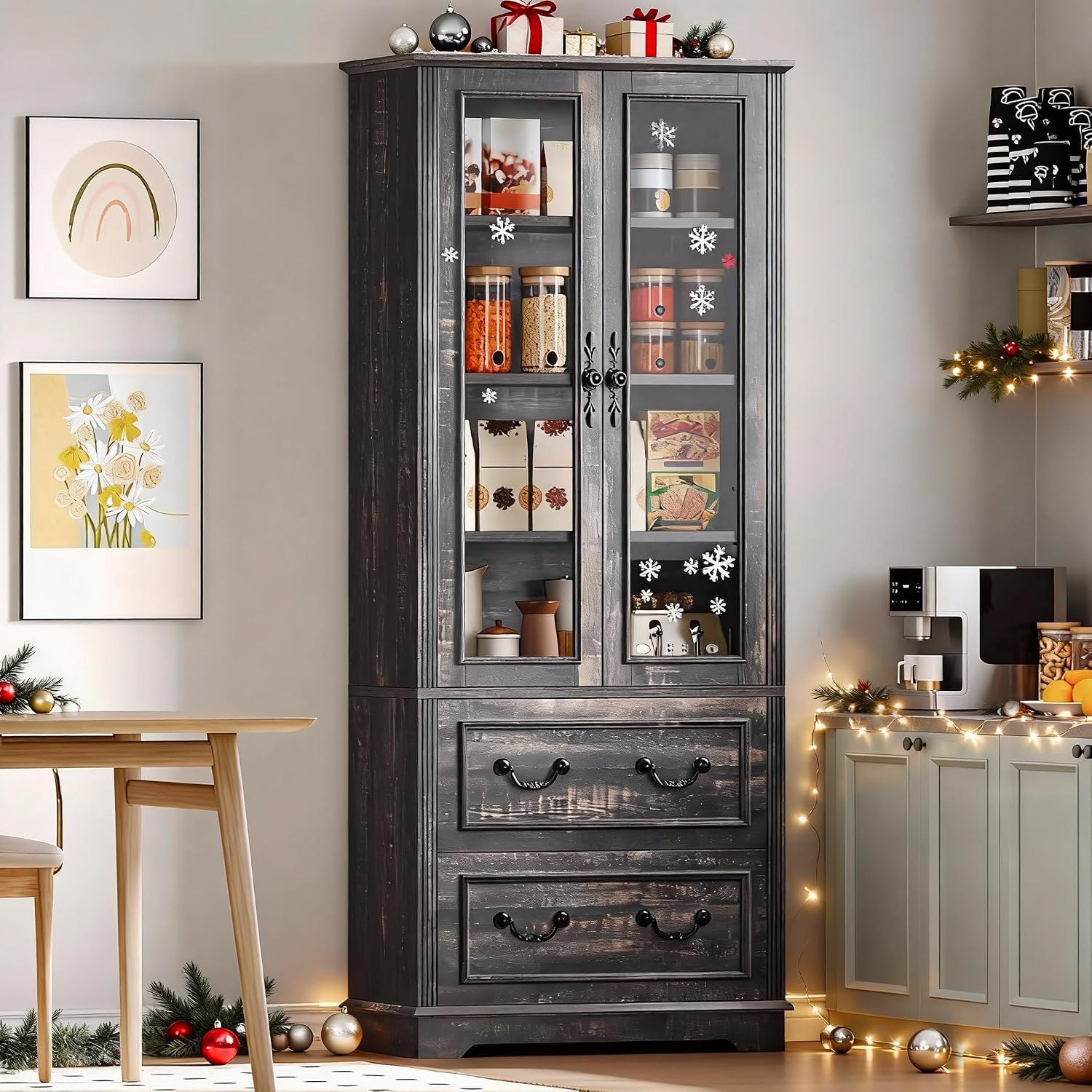 DWVO 76' Storage Cabinets, Freestanding Kitchen Pantry with Adjustable Shelves & Drawers, Farmhouse Glass Display Cabinets Tall Cupboard for Dining Room, Living Room, Dark Rustic