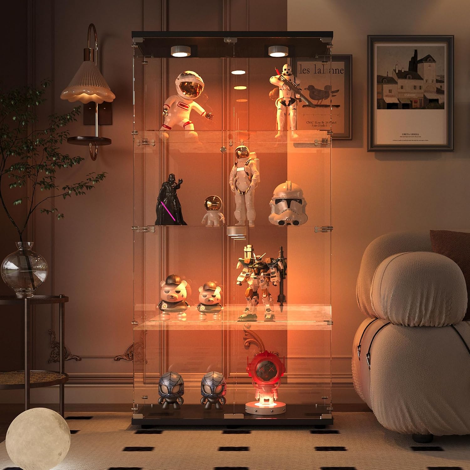 4-Tier Double Doors Glass Display Cabinet with Lights and Lock, 64.7' High Modern Curio Display Cabinet Sturdy Tempered Glass Collection Display Showcase with 4 Shelves for Living Room,Bedroom,Black