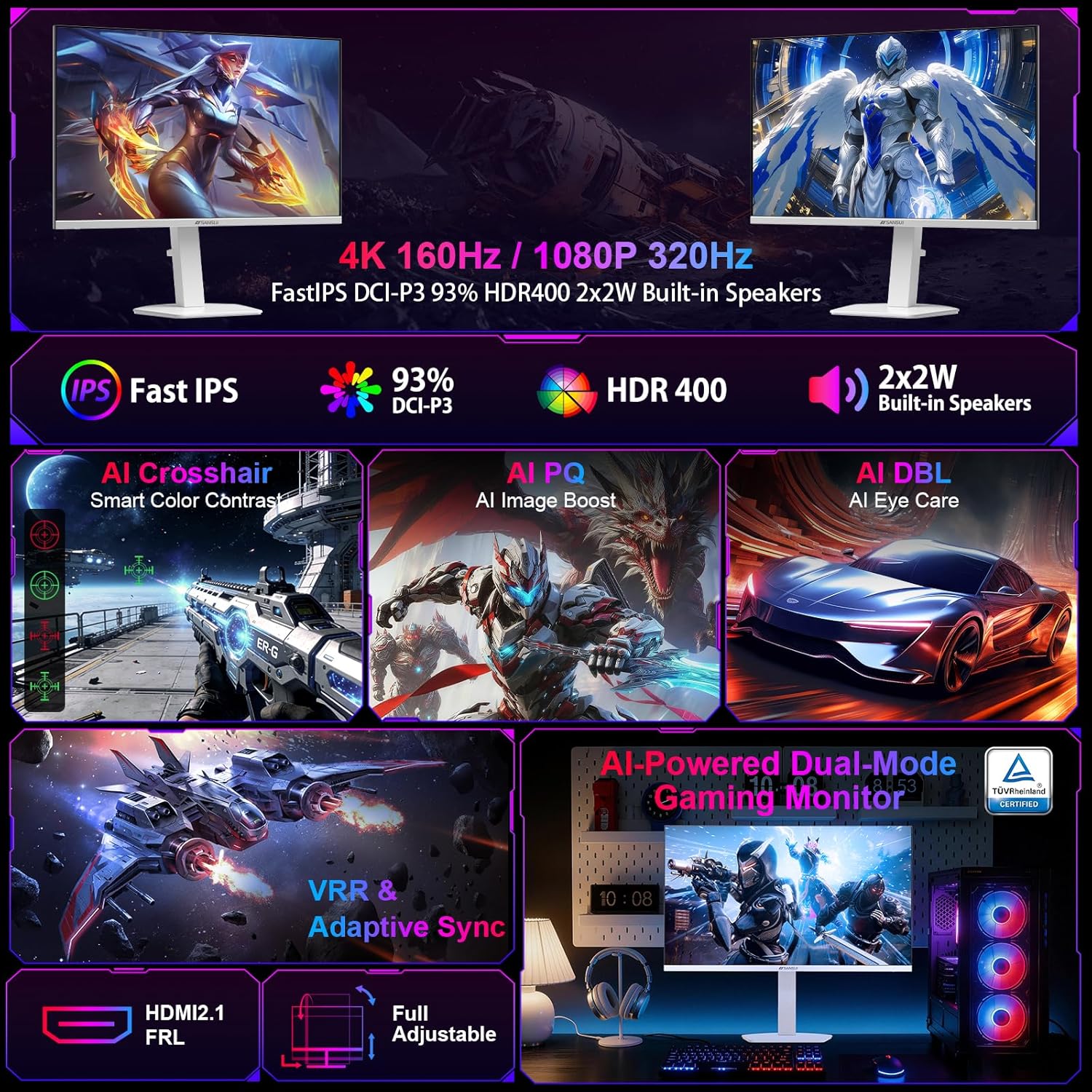 SANSUI 27' 4K Gaming Monitor, UHD 160Hz or FHD 320Hz Dual Mode PC Monitor- Fast IPS 1ms(OD) 丨2×HDMI2.1丨2×DP 1.4丨Built-in Speakers丨Eye Care丨AI Crosshair丨PIP/PBP丨HDR400丨Rotating/Height Adjustable