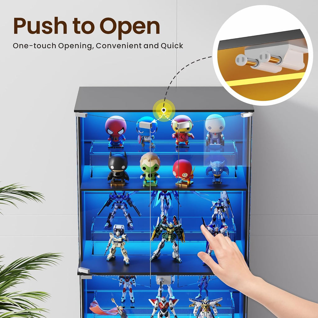 Lvifur Display Cabinet with Glass Doors, 66' Curio Cabinet with Lockable, 4-Tier Bookcase with 3 Color Lights for Collectibles, Storage Cabinets with Human Body for Books, Toys, Black