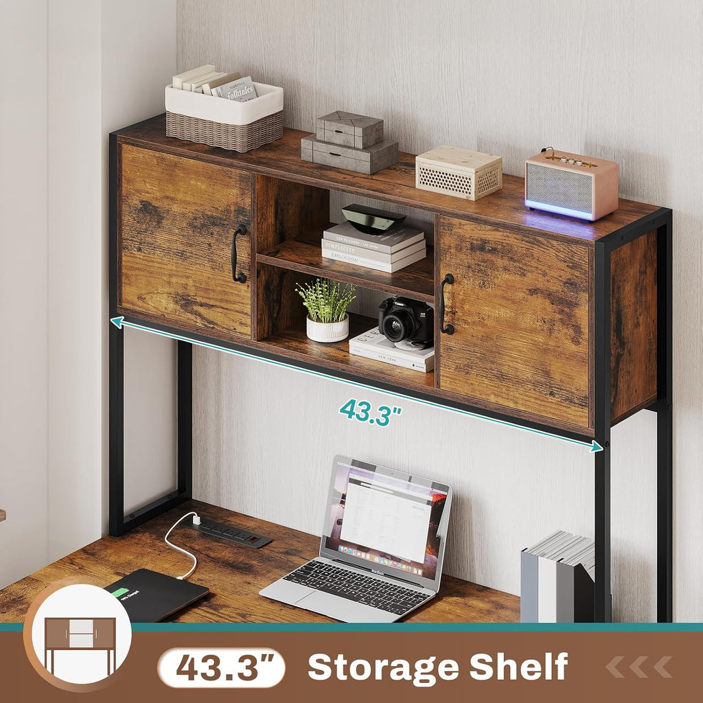 SEDETA L Shaped Desk with Drawers, 62.2' Home Office Desk with Fabric File Drawers and Power Outlet, L Shaped Desk with Hutch, Storage Shelves, LED Lights, Rustic Brown