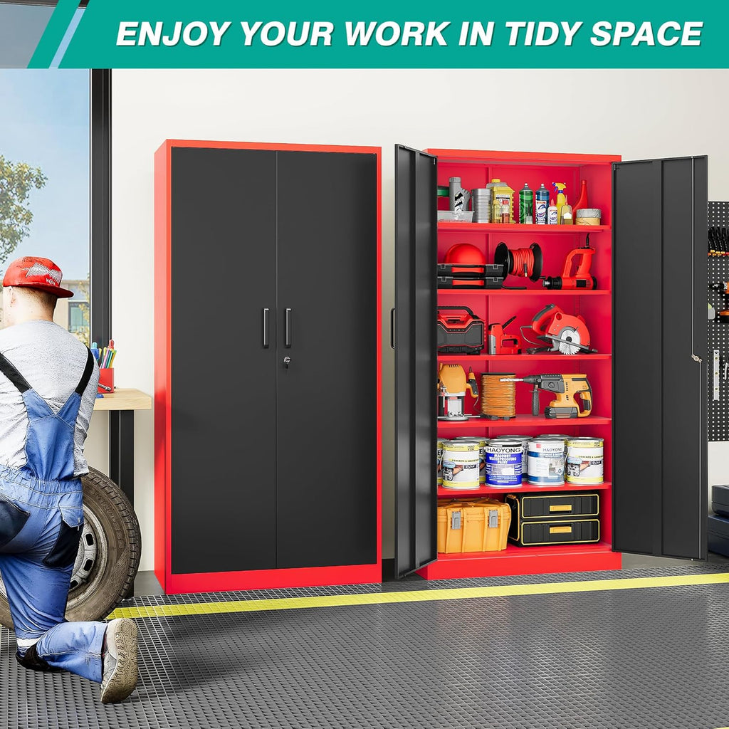 6 Tier Garage Storage Cabinet with 5 Adjustable Shelves,Metal Storage Cabinet with Lock,Red Black Metal Cabinet with Locking Doors,Steel Locker,71' Lockable Storage Cabinets for Home,Office,Garage