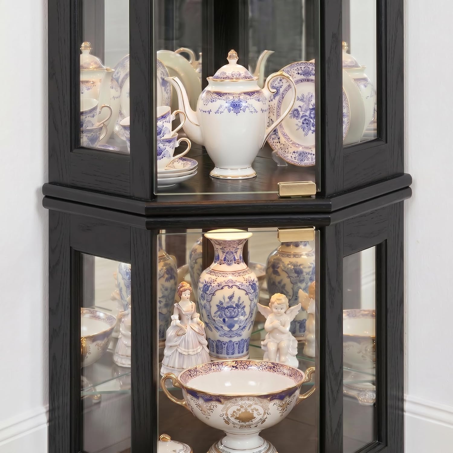 Casaphoria 72' Lighted Corner Curio Cabinet with Glass Doors, Antique Tall Display Cabinet for Collectibles with Arched Carved Crown for Liquor Storage, Living Room (Black)