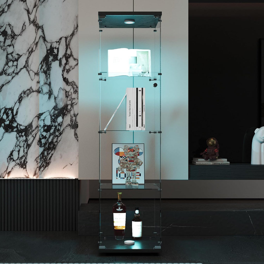 Glass Display Cabinet 4-Shelf with LED Lights and Lock,Curio Cabinets Upgraded Quick-Install Storage Cabinet,Glass Floor Standing Bookshelf for Bedroom,Living Room(Black)