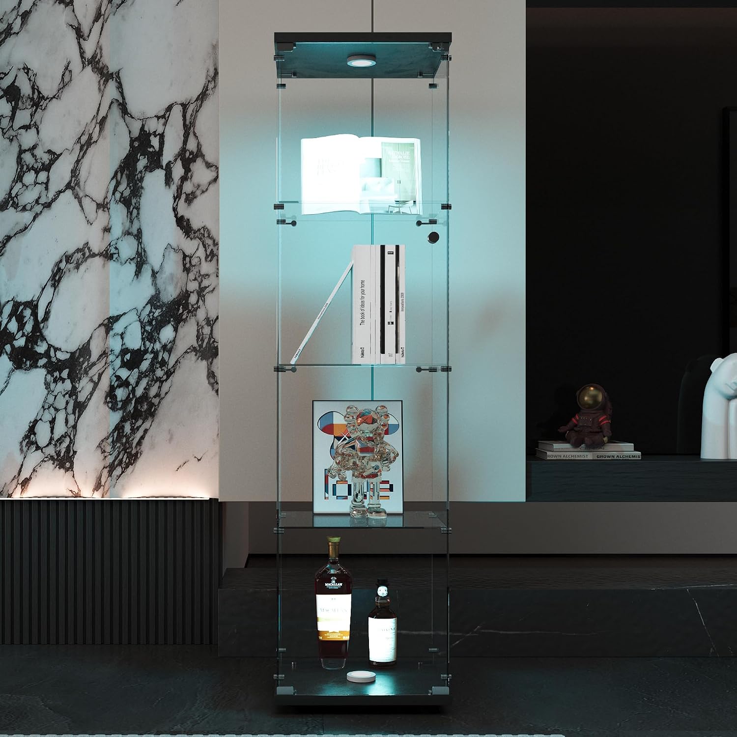 Glass Display Cabinet 4-Shelf with LED Lights and Lock,Curio Cabinets Upgraded Quick-Install Storage Cabinet,Glass Floor Standing Bookshelf for Bedroom,Living Room(Black)