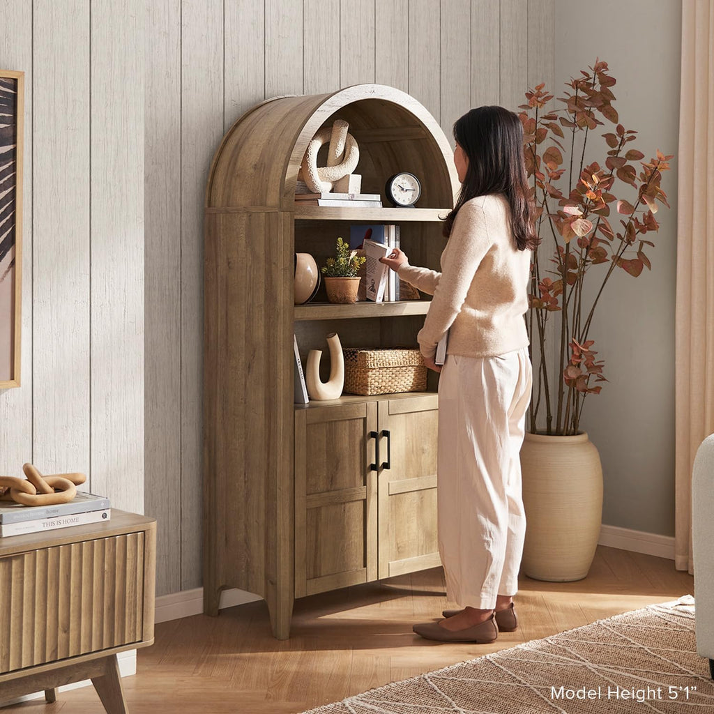 mopio Lauren 65.4' Short Arched Cabinet, the Original 5-Tier Bookcase with Doors and Shelves, Mini Arch Bookshelf with Storage, Wooden Storage Cabinet for Living Room and Kitchen Pantry (Oak)