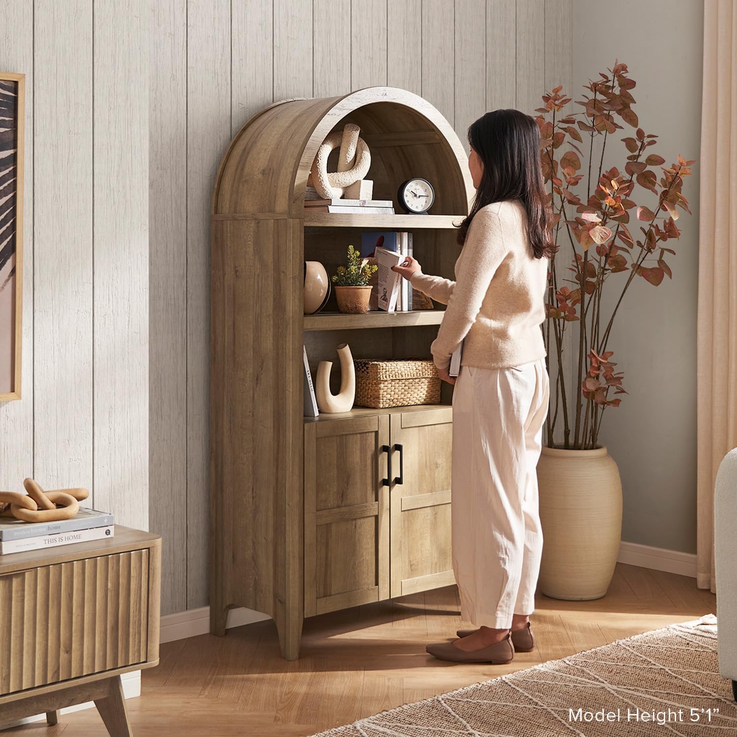 mopio Lauren 65.4' Short Arched Cabinet, the Original 5-Tier Bookcase with Doors and Shelves, Mini Arch Bookshelf with Storage, Wooden Storage Cabinet for Living Room and Kitchen Pantry (Oak)
