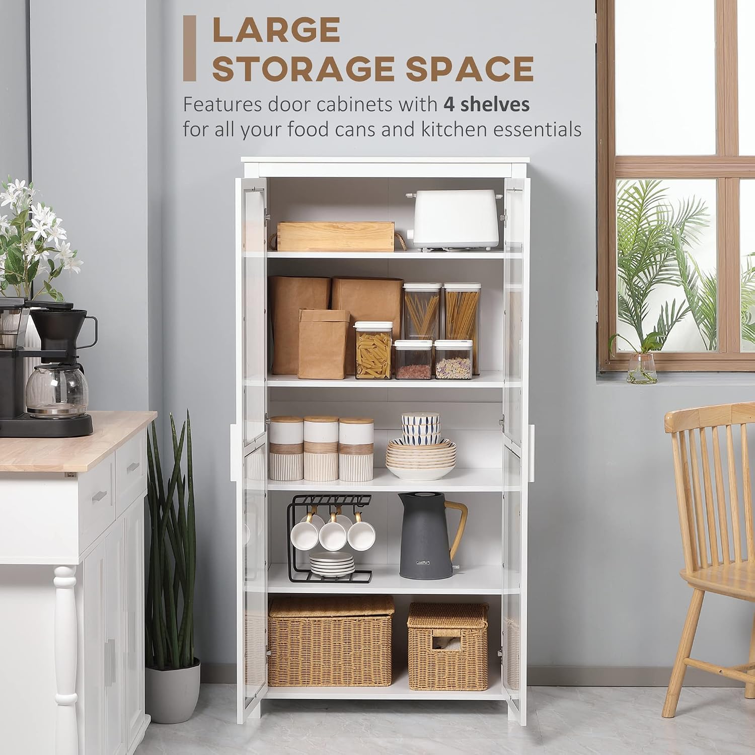 HOMCOM 63' Kitchen Pantry Cabinet, Freestanding Storage Cabinet, Display Cabinet with 2 Glass Door and 2 Adjustable Shelves for Dining Room, White