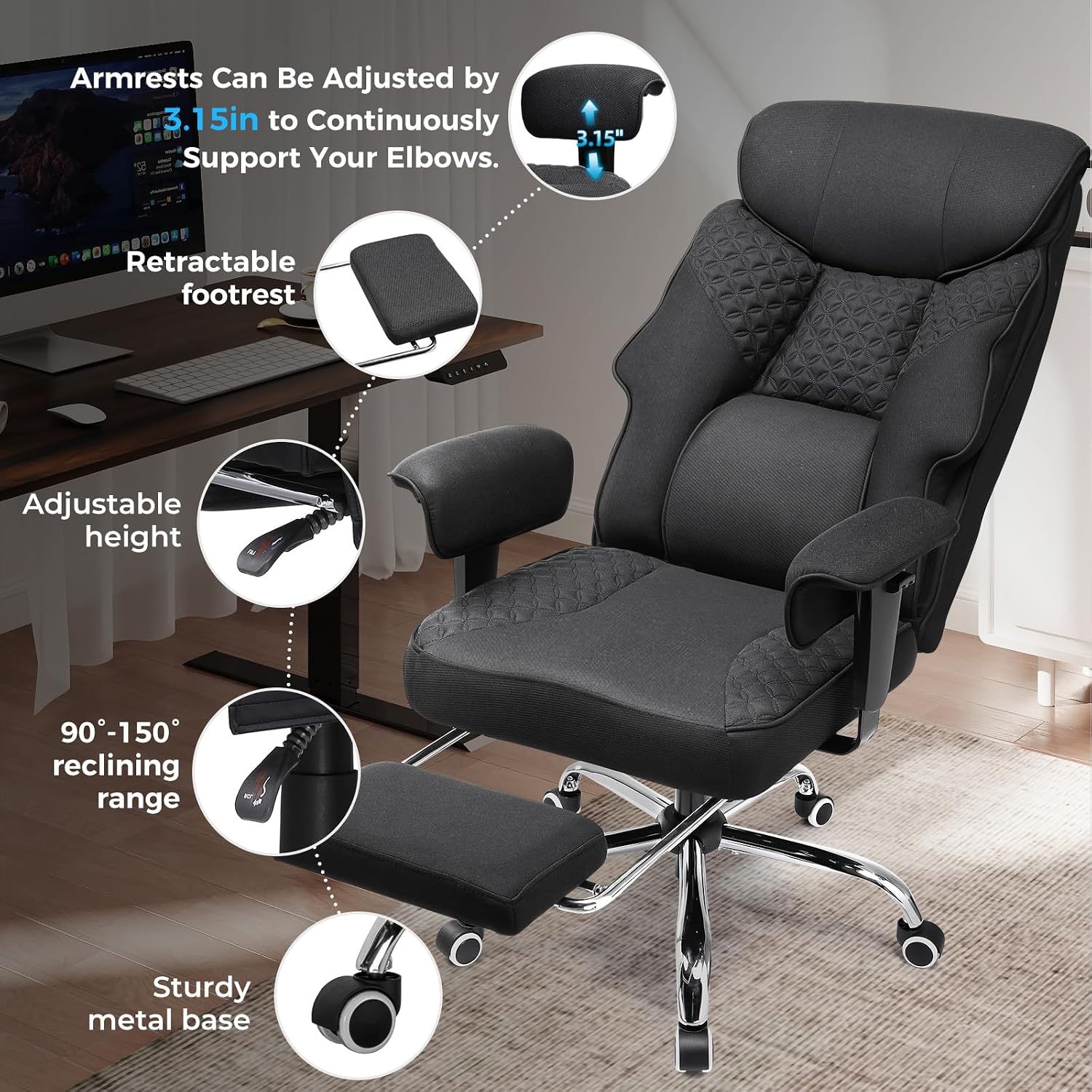 GTPLAYER Big and Tall Office Chair, High Back Computer Gaming Chair with Ergonomic Lumbar Support &Pocket Spring Cushion for Lower Back Pain Relief, Fabric Executive Chair with Foot Rest, Black