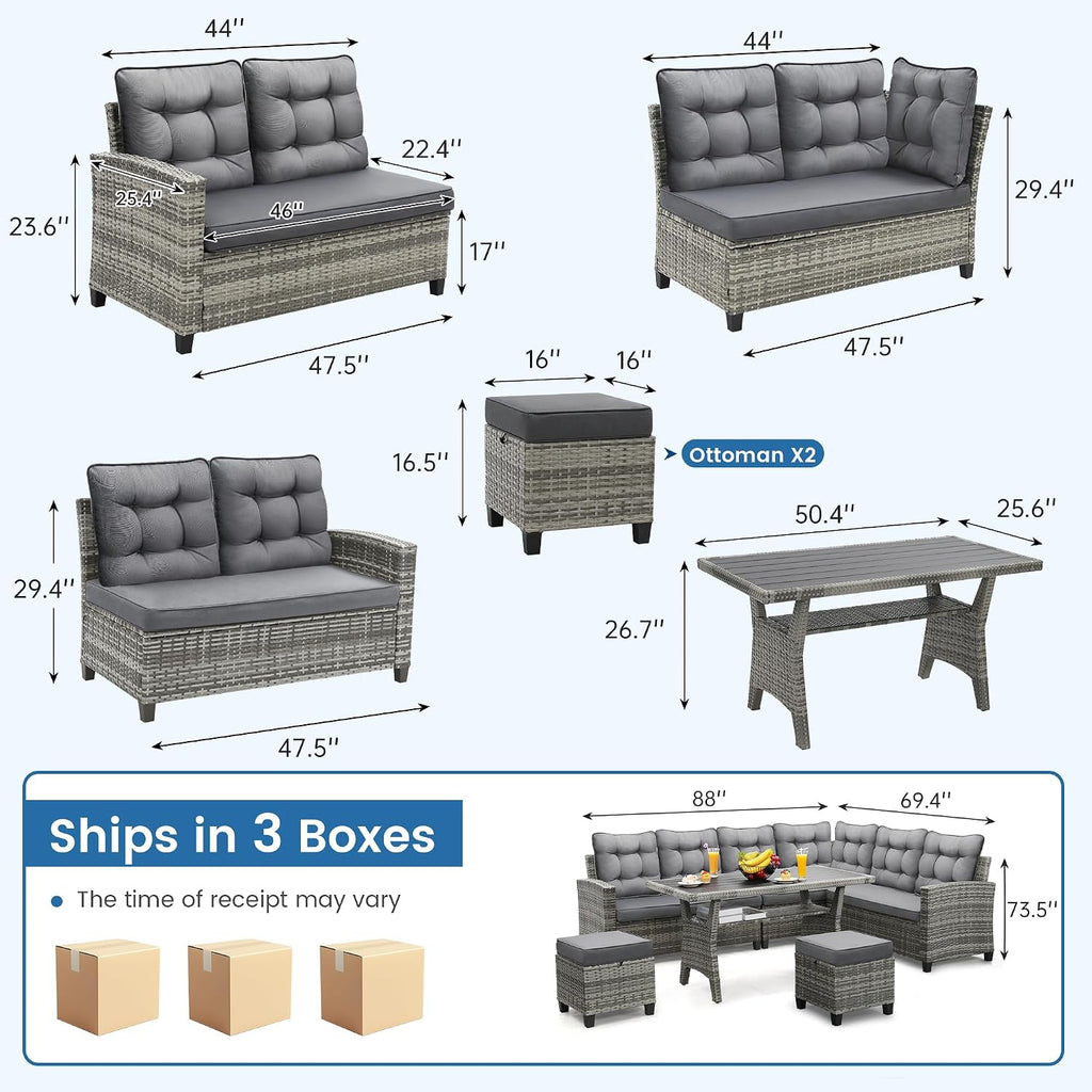KROFEM 6-Piece Patio Furniture Set, Outdoor Sectional Sofa with Dining Table & Chairs, All-Weather Dining Set with Removable Cushion Covers, Ideal for Garden, Porch, Backyard, Grey