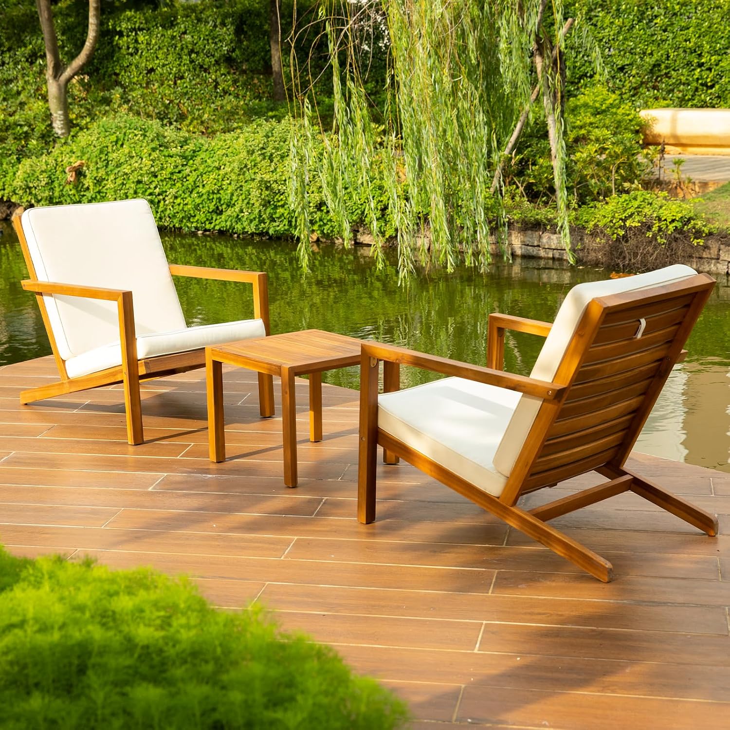 IDZO Natural 3-Piece Patio Bistro Sets with Foldable 400lbs Weight Chairs, a 220lbs Shelf Table, Made from FSC-Certified Acacia Wood, Featuring Washable Cushions and an Ergonomic Design