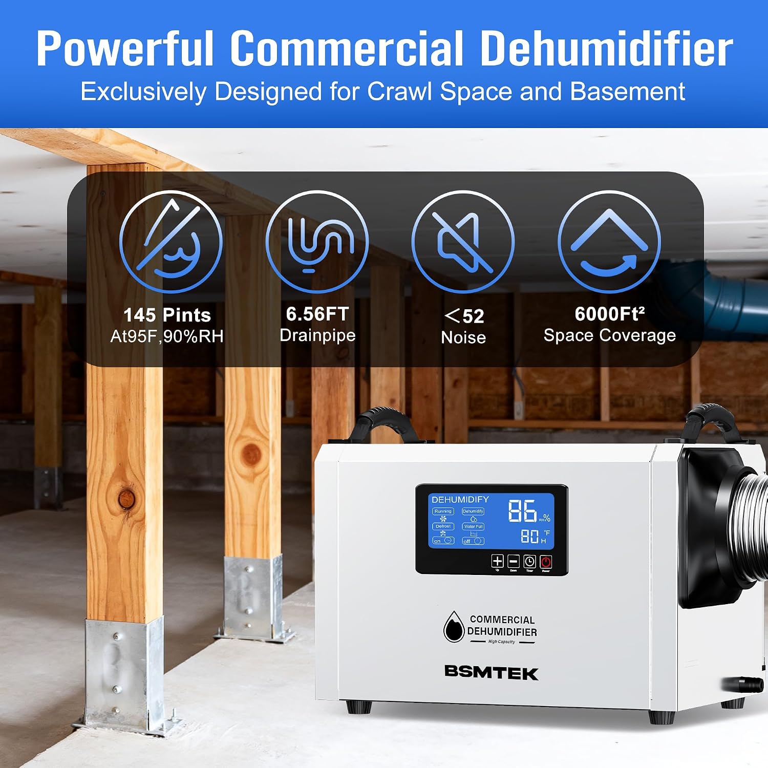 145 Pints Commercial Dehumidifier for Large Basements & Crawl Spaces up to 6500Sq.Ft, Industrial Dehumidifiers for Water Damage Restoration, Auto Defrost, Continuous Drain Hose, White-2PC