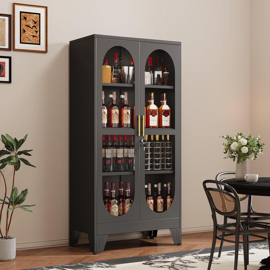 GAIOUS 61' Tall Metal Curio Cabinet, Display Cabinet with Glass Door, 4 Tier Liquor Cabinet with 3 Adjustable Shelves, Locking Glass Display Case for Collectibles, Showcase Storage Cabinets, Black