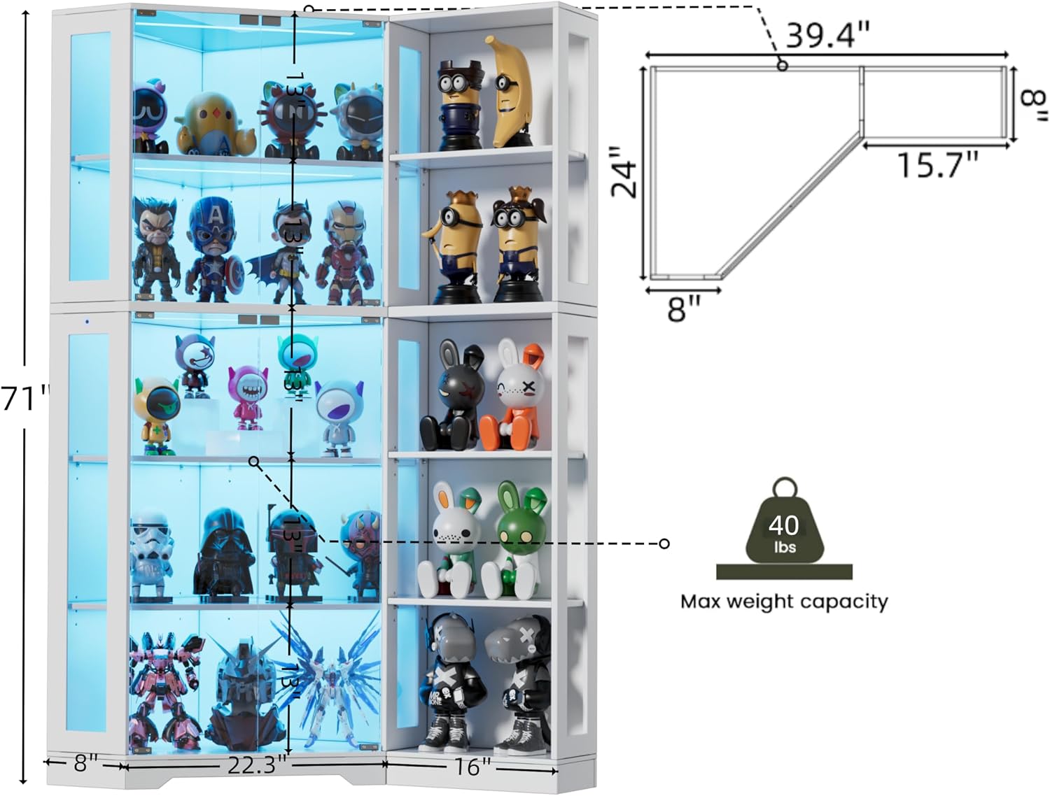 Corner Display Cabinet with Glass Doors, 71' Lighted Curio Cabinet with 3 Color Lights for Collectibles, 5-Tier Display Case with Extra Bookcase for Toys, Books (White)