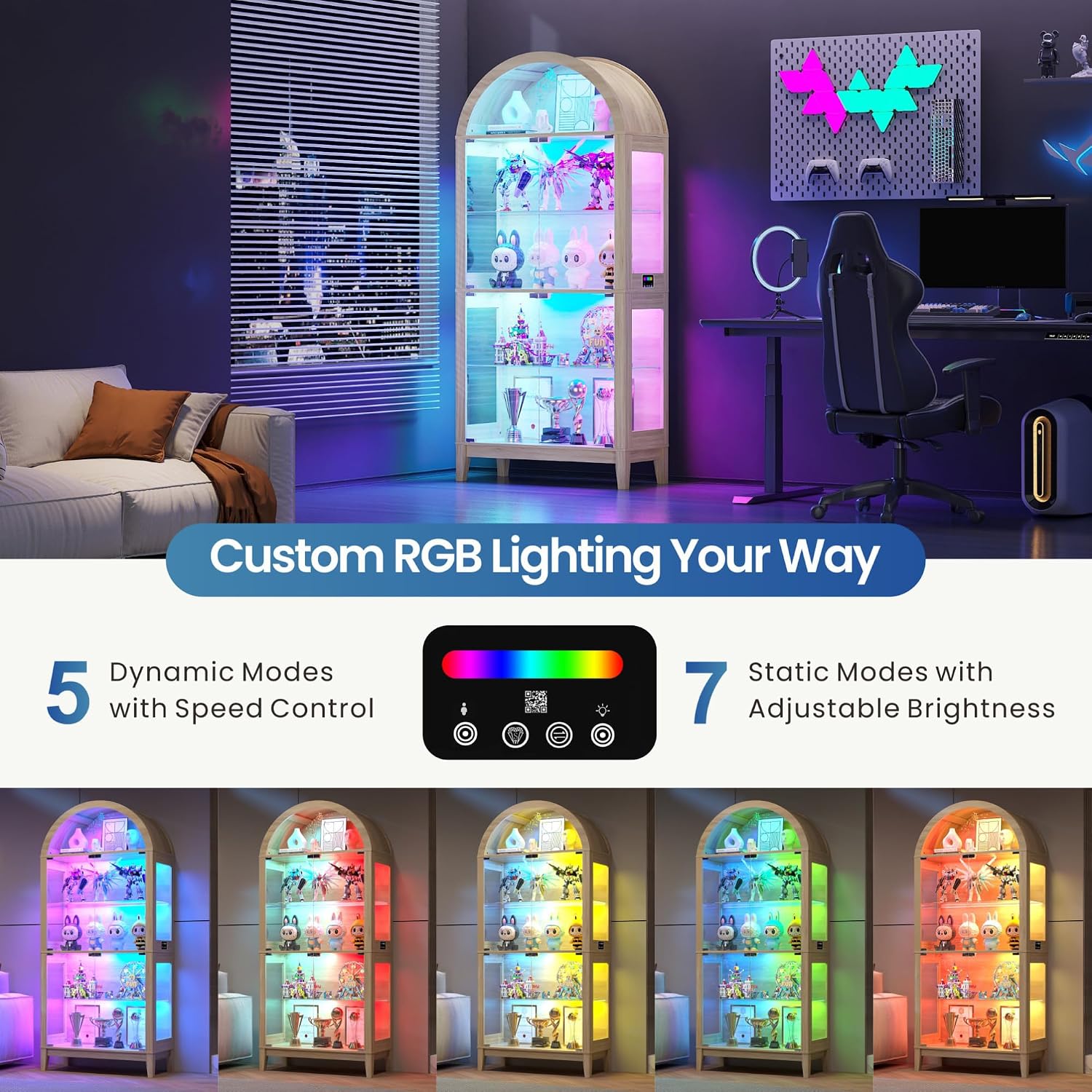 WOOVIVS Glass Display Cabinet with RGB Lights, 69' Tall Curio Cabinet with Rebound Tempered Glass Door, 5-Tier Adjustable Display Case for Living Room (Wood)