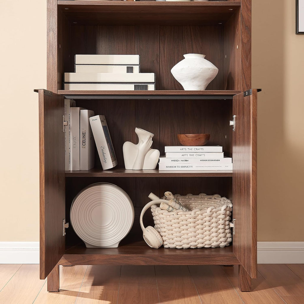 Arched Cabinet Bookshelf Bookcase - 71' Tall Mid Century Arched Display Cabinets, Rounded Bookshelf with Fluted Doors, Open Shelf Storage Cabinet for Dining Room (Walnut)
