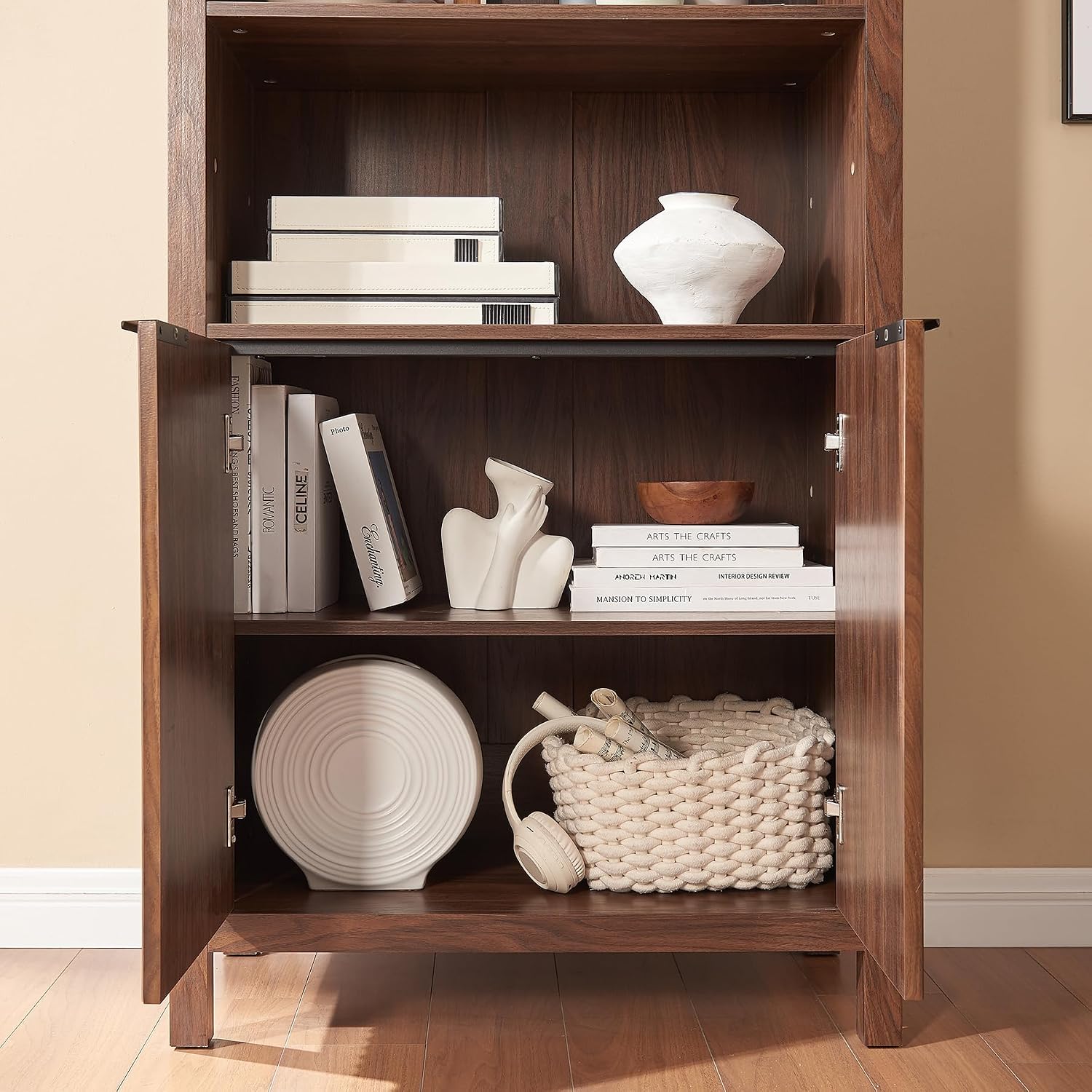 Arched Cabinet Bookshelf Bookcase - 71' Tall Mid Century Arched Display Cabinets, Rounded Bookshelf with Fluted Doors, Open Shelf Storage Cabinet for Dining Room (Walnut)
