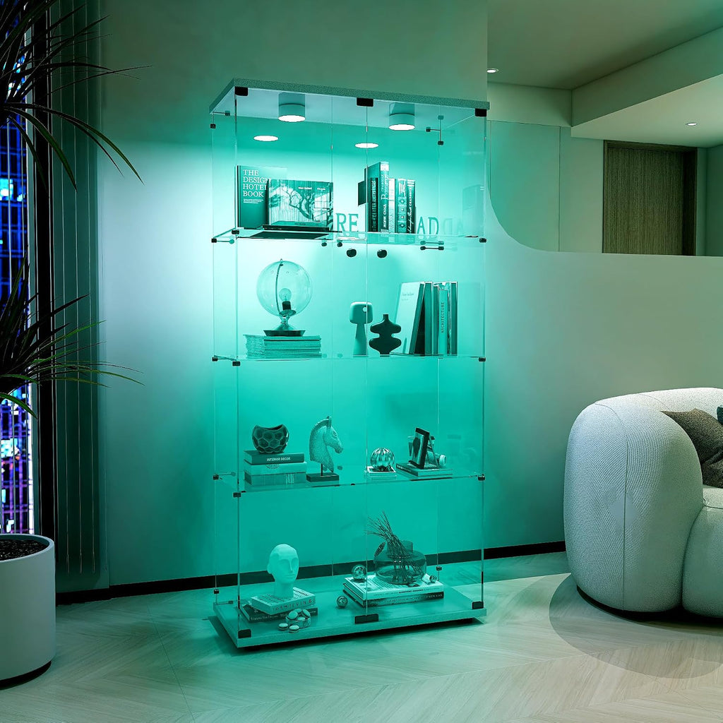 Glass Display Cabinet with Lights and Lock, 4-Tier Display Case Curio Cabinet with Glass Door, Floor Standing Showcase for Living Room Bedroom Home Office 31' W x 14.3' D x 64.5' H