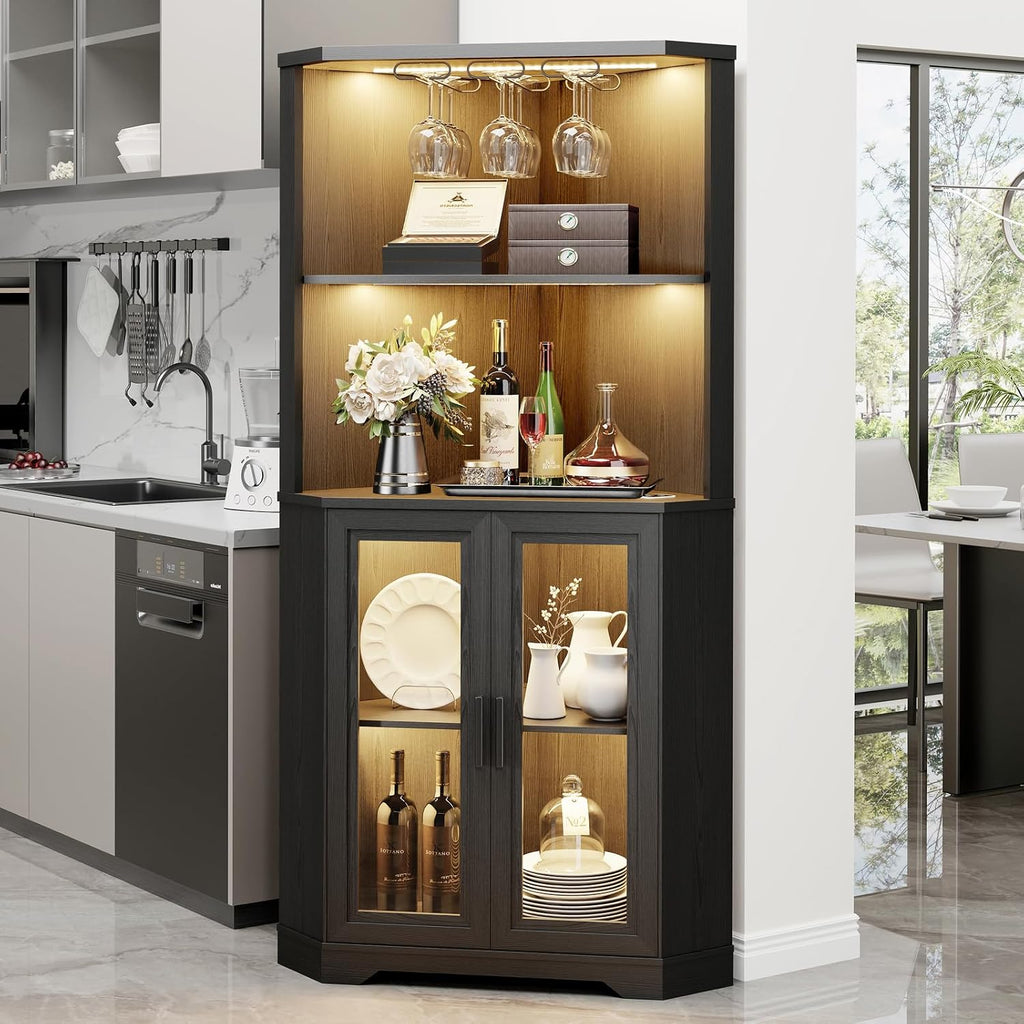 Corner Bar Cabinet with LED Lights, 65' Tall Wine Cabinet with Glass Holder & Tempered Glass Door, 4-Tier Liquor Alcohol Cabinet & Coffee Bar with Human Body Sensor for Dining Room, Black