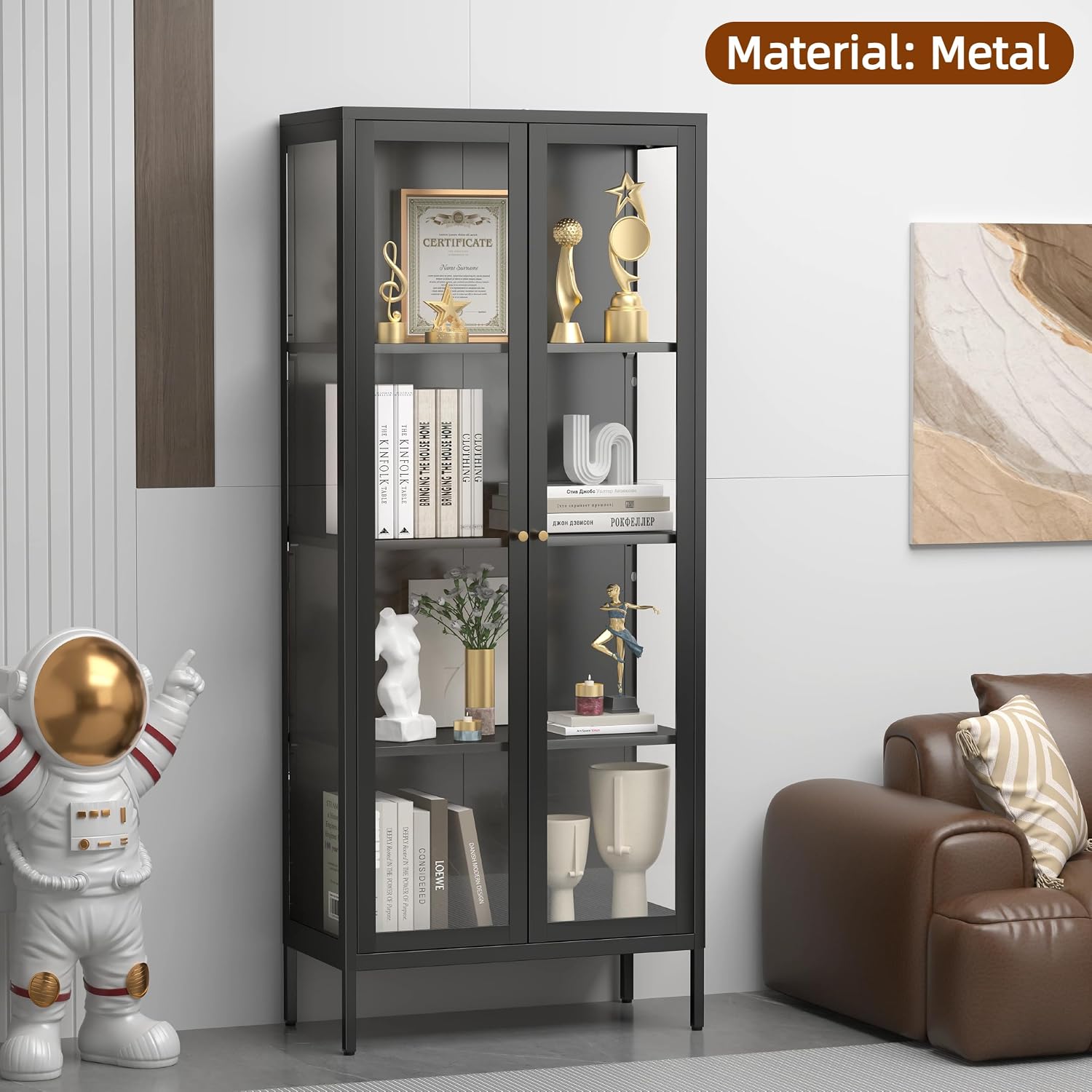 UNICOLY Glass Display Cabinet 4-Tier, Display Cabinet with Glass Doors, Curio Cabinet with Tempered Glasses Doors,Metal Storage Cabinets for Living Room, Plant, Assembly Required, Black