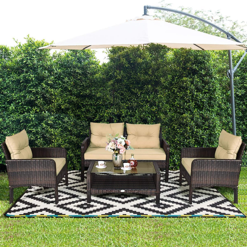 Tangkula 4 Piece Patio Furniture Set, Outdoor Wicker Conversation Set with Glass Top Coffee Table, All Weather Proof and Thick Cushions, Suitable for Porch, Garden, Poolside and Lawn (Brown)