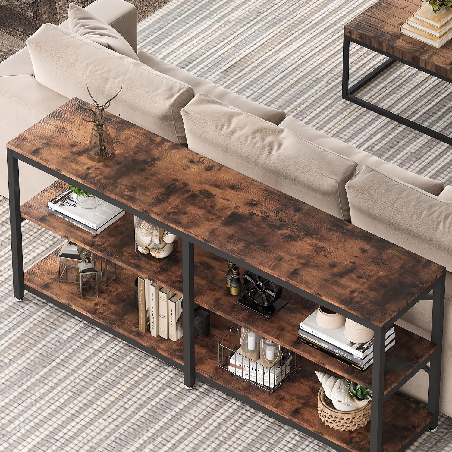 Tribesigns 70.9 Inch Extra Long Console Table, Modern Sofa Table Behind Couch Table with Storage Shelves, 3-Tier Industrial Hallway Entryway Table for Living Room, 3 Shelf Bookshelf(Brown)