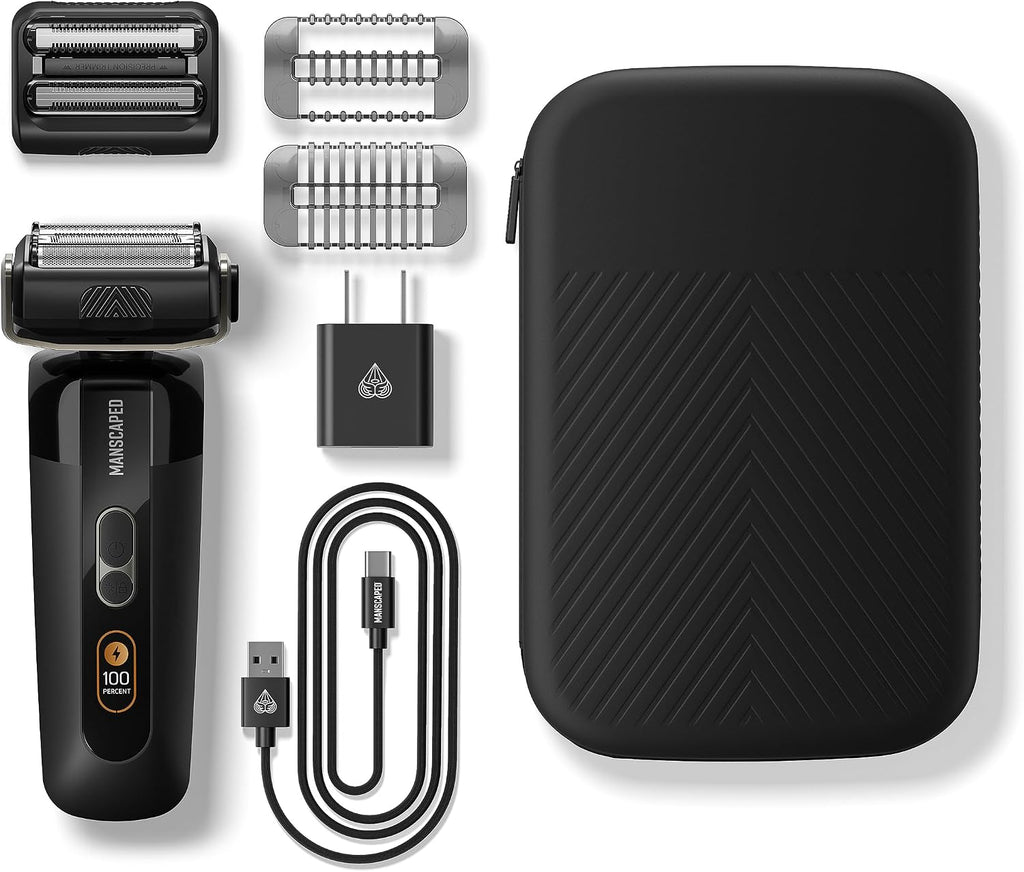 MANSCAPED® The Chairman™ PRO Men's Electric Foil Face Shaver - Two Interchangeable Blade Heads, SkinSafe® Four-Blade Foil & Stubble Trimmer, USB-C Wireless Compatible Charging, Gentle on Neck