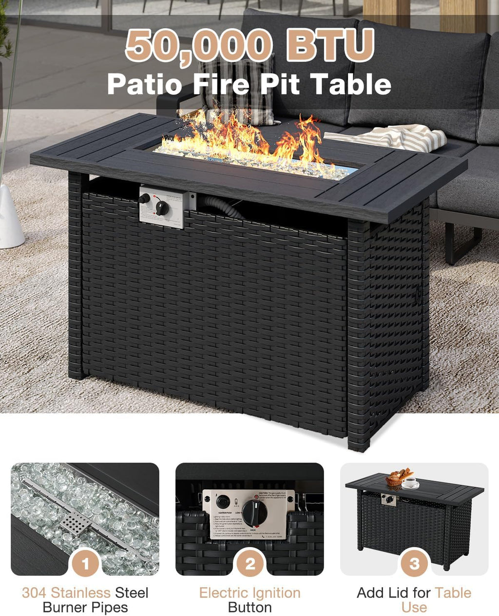 Aoxun Aluminum Patio Furniture Set with Fire Pit Table, 4 Piece Luxury Outdoor Sectional with 6' Olefin Fabric Cushions, Patio Conversation Sets with Waterproof Cover for Backyard, Porch Dark Grey