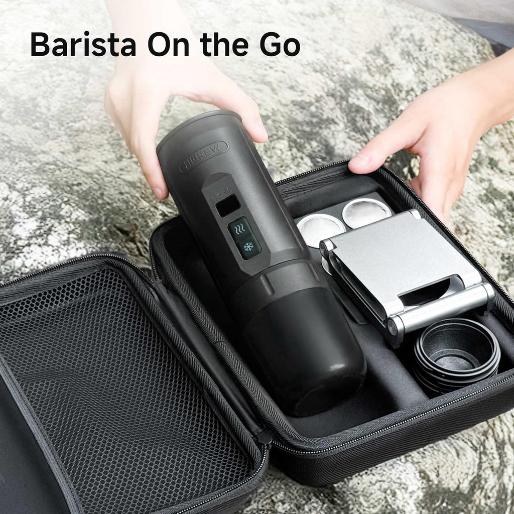 HIBREW H4C Explorer - Portable Electric Espresso Machine, USB-C Rechargeable Coffee Machine for Camping and Travel, Compact for Capsules & Ground Coffee, with Foldable Holder & Carrying Case (Black)