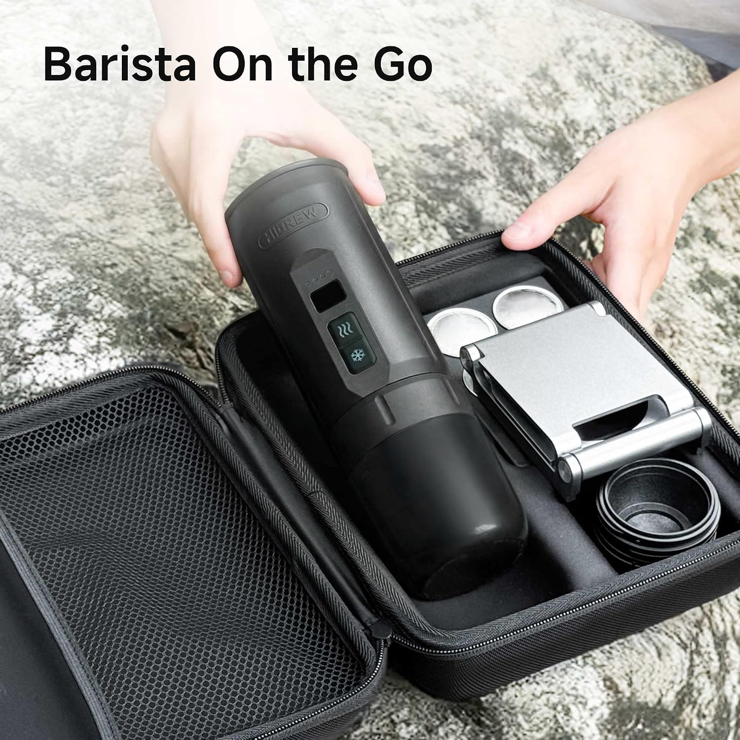 HIBREW H4C Explorer - Portable Electric Espresso Machine, USB-C Rechargeable Coffee Machine for Camping and Travel, Compact for Capsules & Ground Coffee, with Foldable Holder & Carrying Case (Black)