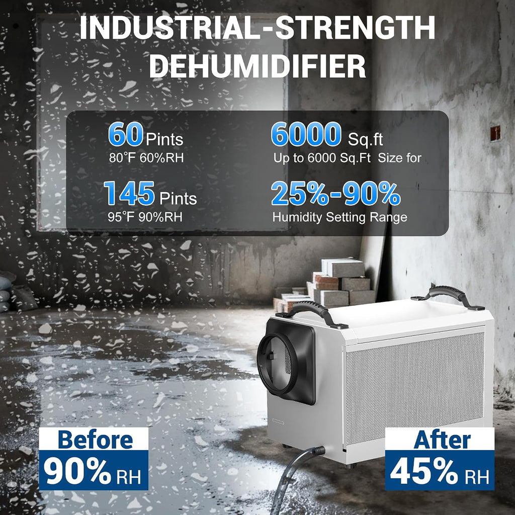 SILVEL 145 Pints Crawl Space Dehumidifier with Drain Hose, Portable Commercial Dehumidifier for Basement and Whole Home, Smart Automatic Defrost, Memory Start, Up to 6000 Sq.Ft, White