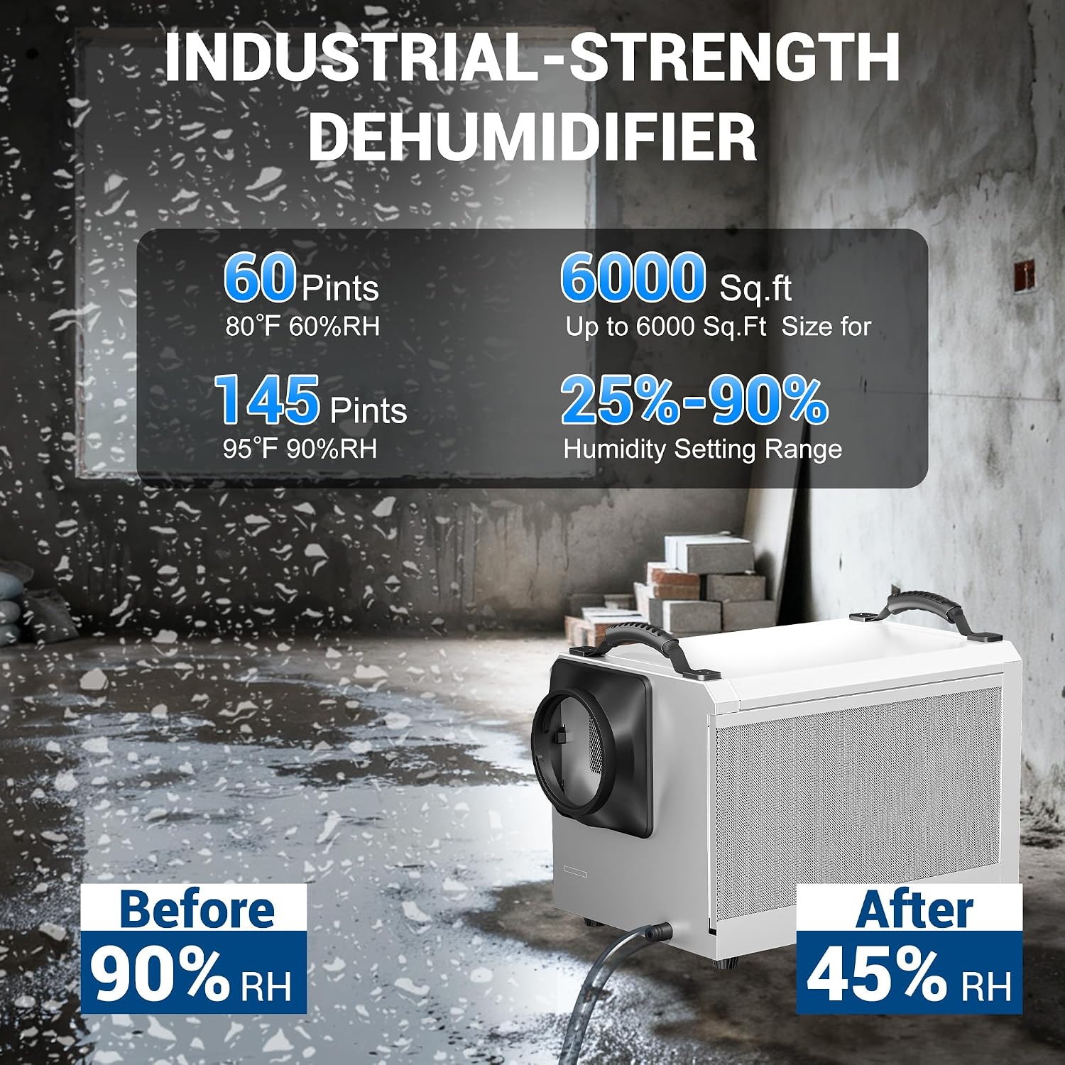 SILVEL 145 Pints Crawl Space Dehumidifier with Drain Hose, Portable Commercial Dehumidifier for Basement and Whole Home, Smart Automatic Defrost, Memory Start, Up to 6000 Sq.Ft, White