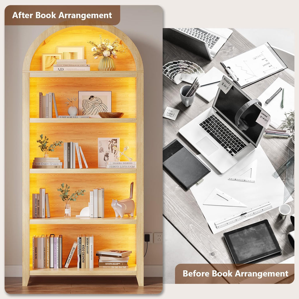 Arch Bookcase - 5 Tiers Bookshelf with 3 Colors LED Sensor Lights and Thickened Wooden Design Display Shelf for Lego Books Bathroom Living Room - Ideal Gift (Wood)