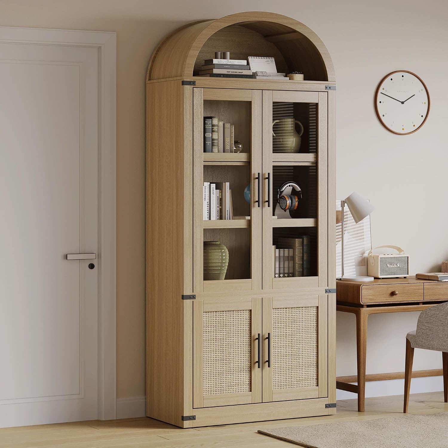 GarveeHome Arched Bookcase with Doors Modern 6-Tier Bookshelf with Storage Wooden Display Cabinet Farmhouse Storage Shelves for Living Room, Kitchen, Office