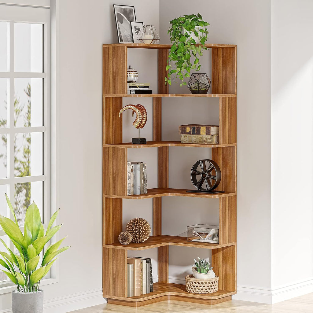Tribesigns 6 Tier Corner Bookshelf, 64.9 Inches Tall Industrial L Shaped Bookcase with Anti-Drop Panel, Freestanding Wood Grain Shelf Display Rack Storage Organizer for Home Office