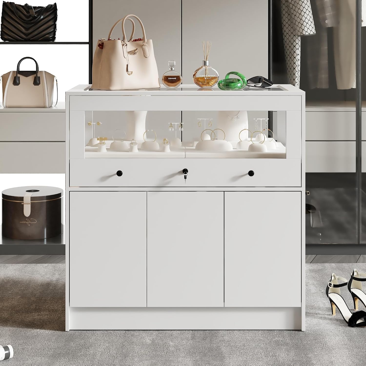 Lockable Glass Display Cabinet Closet Island, Glass Top Storage Cabinet for Retail, Collectibles Showcase with 3 Doors, Walk in Display Island for Retail Shop, Cloakroom, White