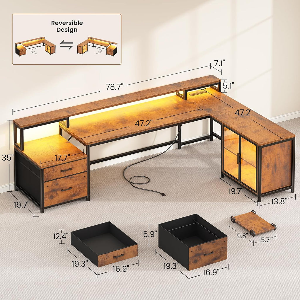 SEDETA 78.7' Large L Shaped Desk with Storage Drawers, Office Desk with File Drawer and Display Cabinet, L Shaped Gaming Desk with Storage, Power Outlet and LED Lights for Home Office, Rustic Brown