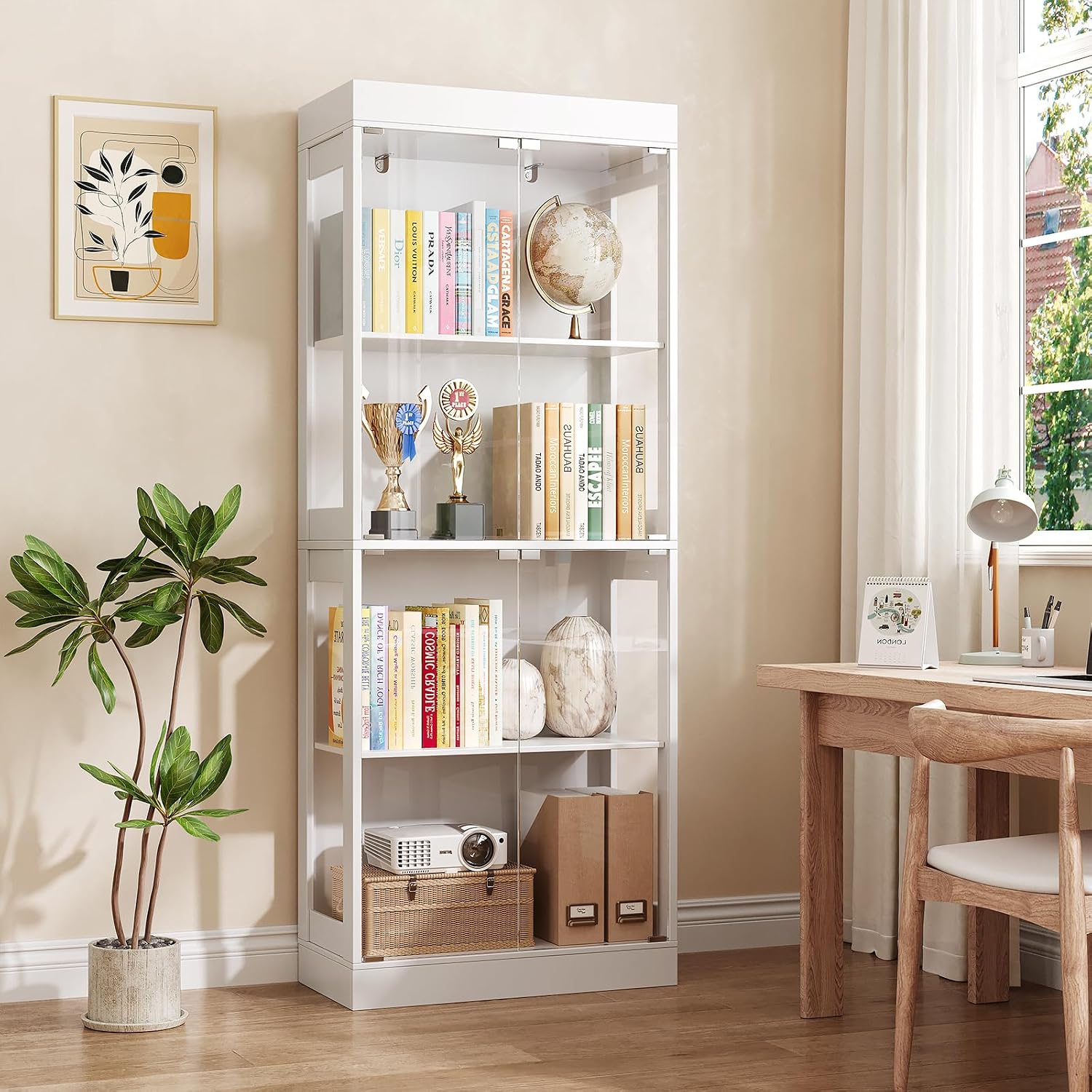 70.1' Display Cabinet with Glass Doors,4-Tier Curio Cabinet for Collectibles, Tempered Glass Display Case with Handleless Design for Living Room, Office, Kitchen，White