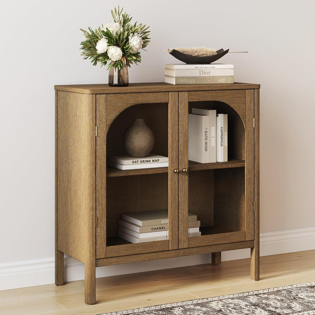 Nathan James Mason Storage Cabinet, Free Standing Accent Sideboard Buffet, Credenza with Glass Doors and Adjustable Shelf in Brushed Light Brown Wood for Dining Room, Entryway and Living Room
