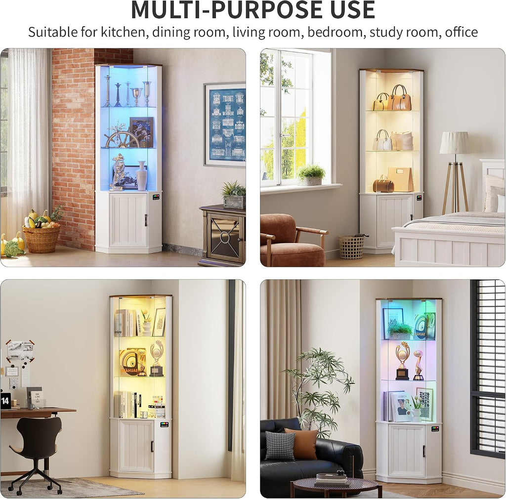 HNEBC 69' Tall Curio Display Cabinet with Glass Door and Movable Shelves,Corner Bookcase with LED Human Sensor Lights,5-Tier RGB Display Case for Collectibles,Bedroom Living Room