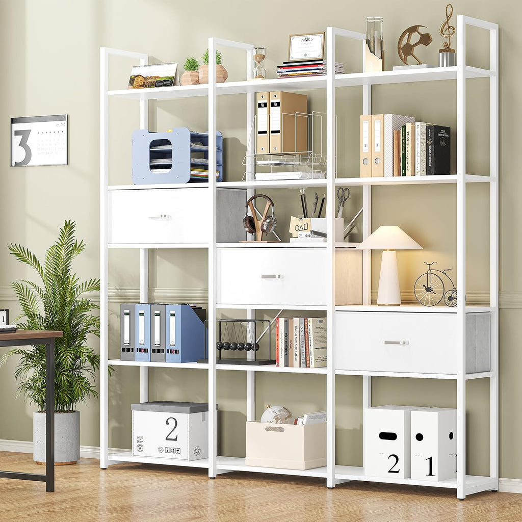 Nosepen 73.6' Tall Bookshelf with 3 Drawers and 16 Storage Shelves, Industrial Bookcase with 16 Open Display Shelves, Large Etagere Bookshelf, Triple Wide Book Shelf Book Case for Home & Office, White