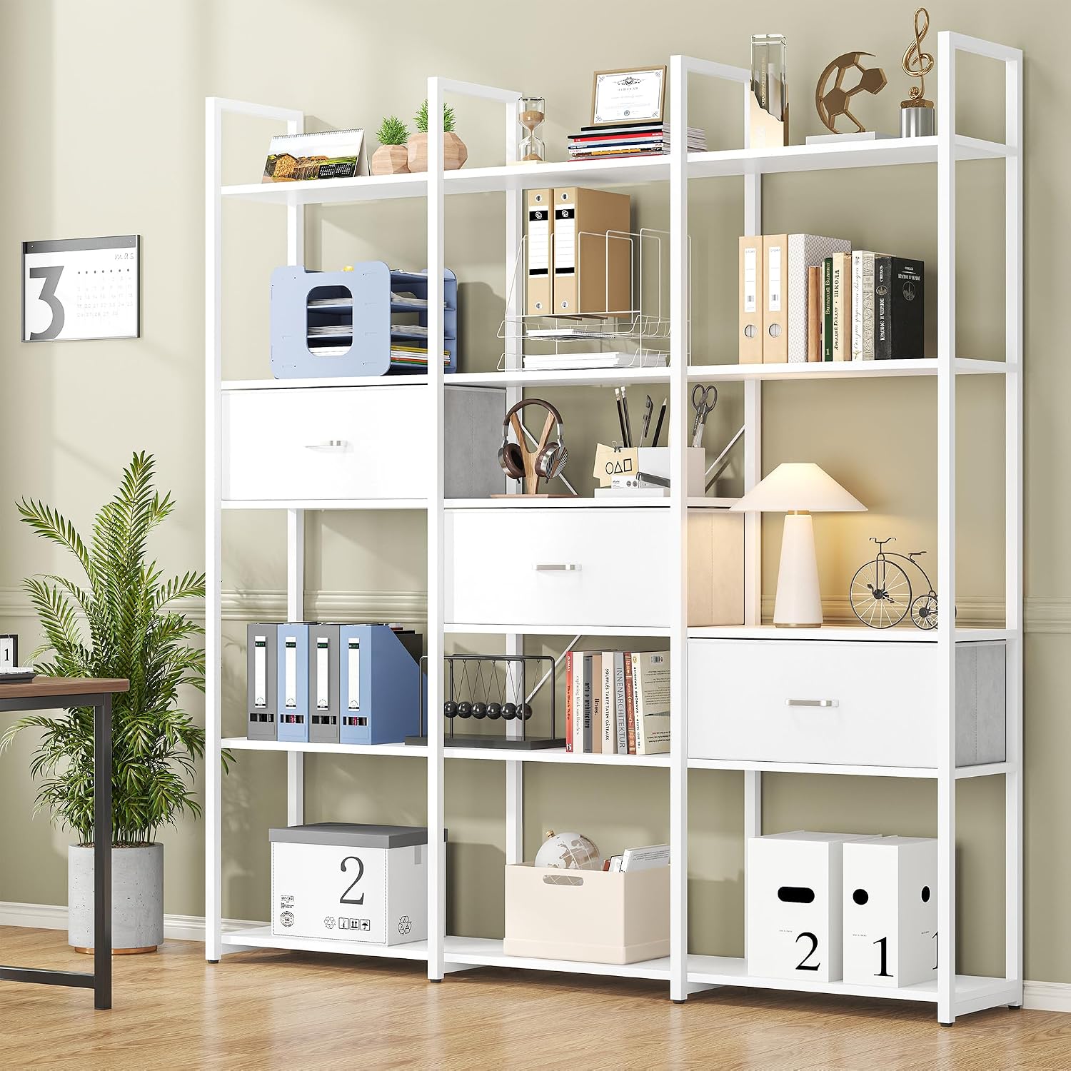 Nosepen 73.6' Tall Bookshelf with 3 Drawers and 16 Storage Shelves, Industrial Bookcase with 16 Open Display Shelves, Large Etagere Bookshelf, Triple Wide Book Shelf Book Case for Home & Office, White